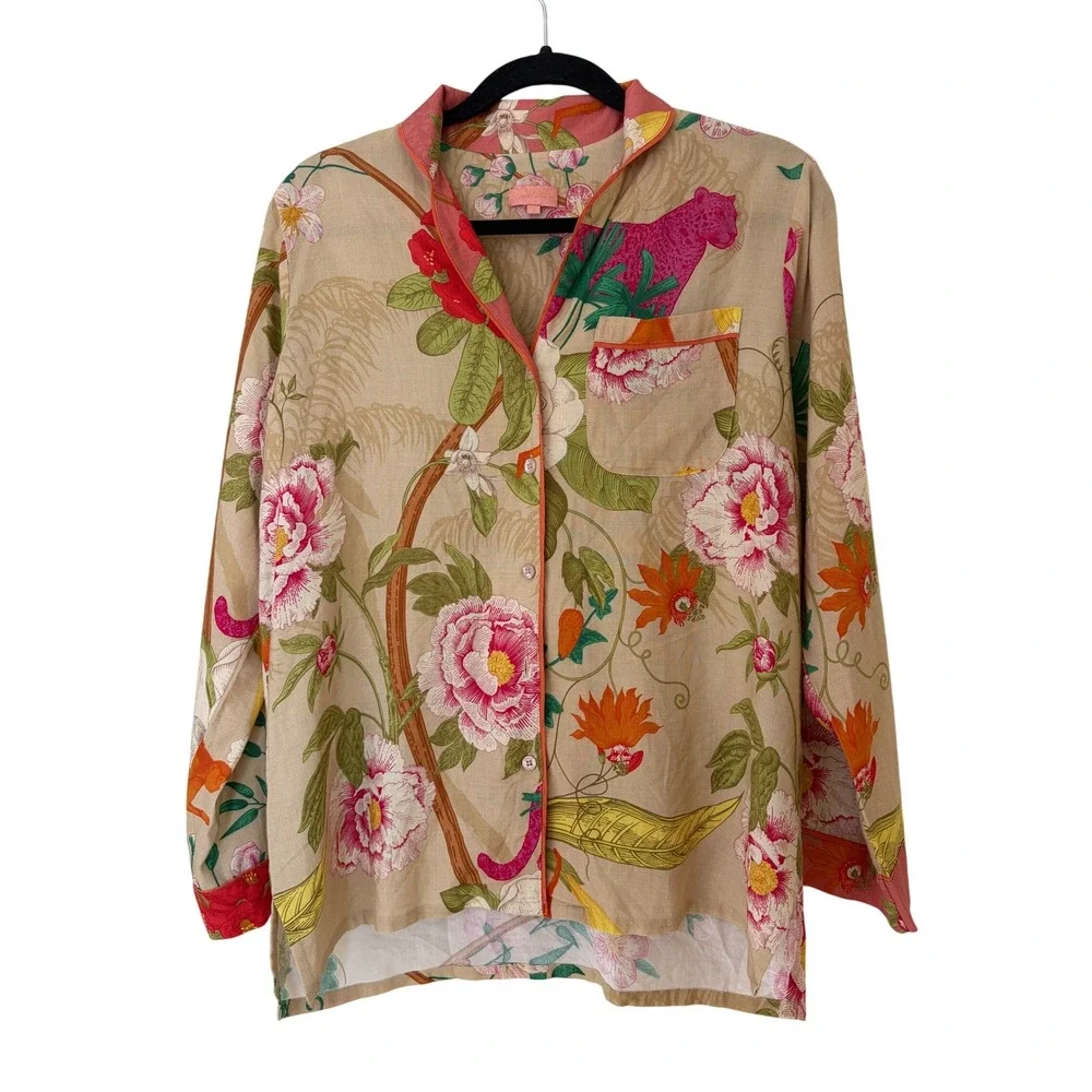Powder Design Tropical Floral Pajama Top Button Down Women's S Coconut EUC